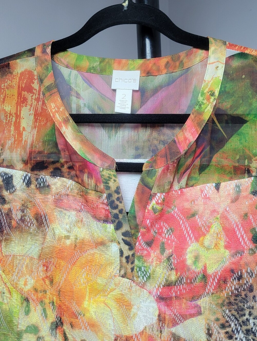 Chico's 2 Pieces Top Blouse Blue Orange Green Chiffon Sumer Abstract Multicolor - Picture 7 of 16